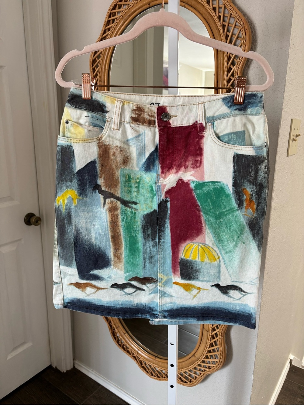 Anthropologie / Hand Painted Dog Jean Denim Pencil Skirt